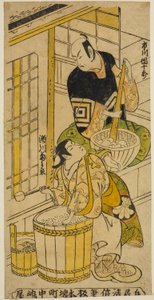 Der Schauspieler Ichikawa Danjuro II als Kenkaya Gorouemon und Segawa Kikunojo I als Osen im Stück "Hatsugoyomi Akinai Soga," aufgeführt im Nakamura Theater im ersten Monat, 1732 von Torii Kiyomasu II
