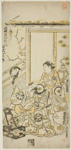 Die Schauspieler Tamazawa Saijiro I als Oiso no Tora und Ichimura Uzaemon VIII als Soga no Juro im Stück "Haru wa Akebono Kuruwa Soga," aufgeführt im Ichimura-Theater im ersten Monat, 1743
