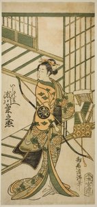 Der Schauspieler Segawa Kikunojo II als Ishi no Mae im Stück "Hoshi Aikotoba Higashiyama no Sakae," aufgeführt im Ichimura Theater im neunten Monat, 1763 von Torii Kiyomitsu I