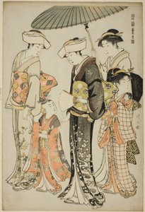 Ein Mädchen und vier Diener, aus der Serie "Ein Brokat östlicher Sitten (Fuzoku Azuma no nishiki)" von Torii Kiyonaga