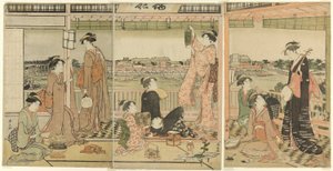 Eine Gesellschaft betrachtet den Mond über dem Sumida-Fluss von Torii Kiyonaga