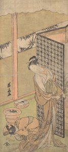 Eine Oiran in Nachtkleidung, pausierend, mit einer Hand auf dem Bildschirm, der ihr Bett umgibt