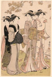 Schönheiten unter einem Ahornbaum, aus der Serie "Eine Sammlung zeitgenössischer Schönheiten der Vergnügungsviertel (Tosei yuri bijin awase)" von Torii Kiyonaga