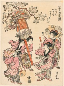 Eine Laterne tragen, dekoriert mit den Blumen der vier Jahreszeiten (Hirakawa-cho Yamamoto-cho shiki no hana mando) aus der Serie "Das Fest des Sanno-Schreins (Sanno go-sairei)"