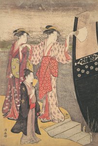 Ausstieg aus einem Vergnügungsboot am Sumida-Fluss von Torii Kiyonaga