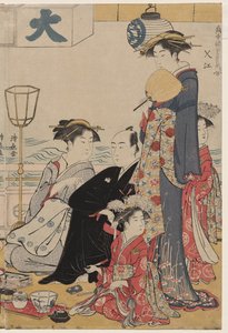 Unterhaltung auf einem Balkon am Wasser in Nakasu, aus der Serie Eine Sammlung schöner moderner Frauen der Vergnügungsviertel