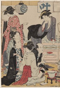 Unterhaltung auf einem Balkon am Wasser in Nakasu, aus der Serie, Eine Sammlung schöner moderner Frauen der Vergnügungsviertel