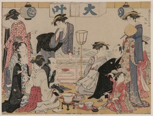Unterhaltung auf einem Balkon am Wasser in Nakasu, aus der Serie "Eine Sammlung schöner moderner Frauen der Vergnügungsviertel"