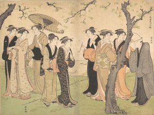 Gruppe von sechs Geishas unter den Kirschbäumen auf Gotenyama, ca. 1785 von Torii Kiyonaga