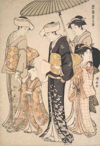 Hochrangiges Samurai-Mädchen mit vier Begleitern, aus der Serie Ein Brokat des Ostens von Torii Kiyonaga