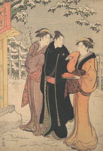 Mann in einem schwarzen Haori-Mantel und zwei Frauen nähern sich einem Tempel