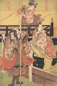 Auf einem Balkon sitzt eine Frau und spielt Tsuzumi, darunter ein Mann im Daimyo-Kostüm, ca. 1790 von Torii Kiyonaga