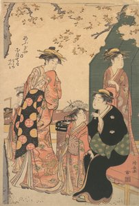 Porträt der Kurtisane Nioteru von Ogiya mit ihren zwei Begleiterinnen Namiji und Ao, ca. 1785 von Torii Kiyonaga