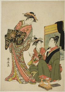 Der Schauspieler Nakamura Riko mit einer Kurtisane, aus einer unbetitelten Serie von Aiban-Drucken, die Schauspieler im Privatleben darstellen von Torii Kiyonaga