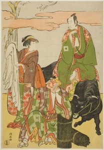 Die Schauspieler Ichikawa Monnosuke II als Miyukinosuke, Segawa Kikunojo III als Hatsune-hime und Ichikawa Danjuro V als Ninnaji no Saibei, im Joruri "Shitenno Oe no Yamairi", aufgeführt im Kiri-Theater im elften Monat, 1785