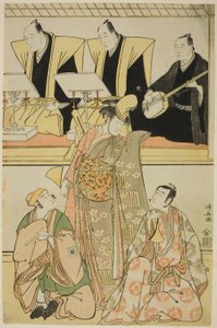 Die Schauspieler Nakayama Kojuro VI (Nakamura Nakazo I) als Chidori, Sawamura Sojuro III als Shigemori und Ichikawa Yaozo III als Yoshibei, im Shosa "Fukyoku Edo Geisha," aufgeführt im Nakamura Theater im elften Monat, 1785