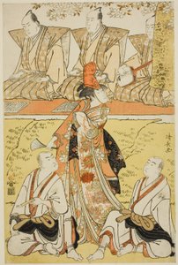 Die Schauspieler Segawa Kikunojo III als Koito, Sawamura Sojuro III als Mönch Sainenbo und Ichikawa Monnosuke II als Mönch Renseibo im Shosa "Mata Saku Hana Museume Dojoji," aufgeführt im Nakamura Theater im vierten Monat, 1783