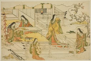 Die erste Kalligraphie des neuen Jahres (Kissho hajime), aus dem illustrierten Buch "Farben der dreifachen Morgendämmerung (Saishiki mitsu no asa)"