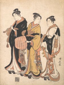 Drei junge Frauen, die sich als Komuso-Wandermusiker verkleiden, ca. 1778 von Torii Kiyonaga