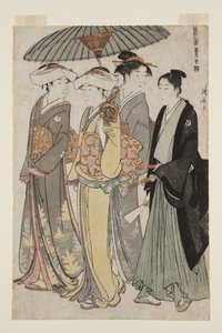 Zwei Töchter eines Bannermanns mit einer Dienerin und einem jungen Mann (Farbholzschnitt) von Torii Kiyonaga