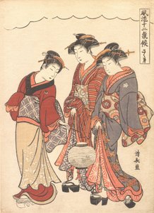 Zwei Geishas, gefolgt von einer Magd mit einer Laterne von Torii Kiyonaga