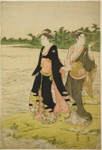 Zwei Frauen warten auf eine Fähre am Sumida-Fluss