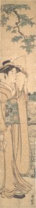 Frau mit Fächer am Ufer des Sumida-Flusses