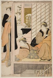 Frauen betrachten einen verschneiten Garten aus einem Salon von Torii Kiyonaga