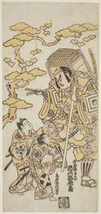 Die Schauspieler Ichikawa Ebizo II als Musashibo Benkei, Sakata Shintaro (?) als Soga no Goro und Takigawa Kinya (?) als Soga no Juro im Stück "Sazareishi Suehiro Genji," aufgeführt im Nakamura Theater im ersten Monat, 1744 von Torii Kiyonobu II