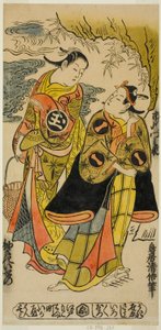 Die Schauspieler Ichikawa Monnosuke I als Minamoto no Yoshiie und Sodesaki Iseno I als Onoe no Mae im Stück "Kaomise Junidan," aufgeführt im Nakamura Theater im elften Monat, 1726 (?) von Torii Kiyonobu II