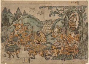 Minamoto no Yoritomo versteckt sich in einem Baum von Torii Kiyoshige