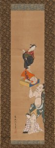 Der Krieger Asahina Yoshihide hebt eine Puppe einer Kurtisane auf einem Go-Brett, Mitte des 18. Jahrhunderts von Torii Kiyoshige