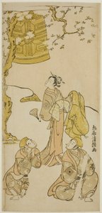 Die Schauspieler Segawa Kikunojo II, Ichikawa Komazo II und Arashi Otohachi I im Stück "Fude Hajime Soga no Tamazusa," aufgeführt im Nakamura-Theater im ersten Monat, 1768 von Torii Kiyotsune