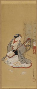 Ein Schauspieler in Frauenkleidung, der eine Samisen spannt, Edo-Zeit, Mitte bis Ende des 18. Jahrhunderts