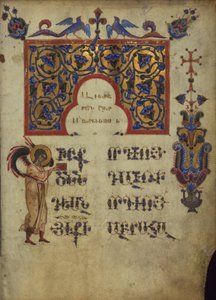 Geschmückter Initial mit Symbol des Evangelisten Matthäus