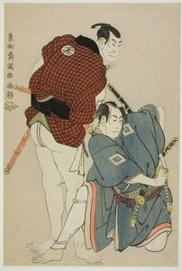 Die Schauspieler Ichikawa Omezo I (R) als Tomita Hyotaro und Otani Oniji III (L) als Kawashima Jibugoro