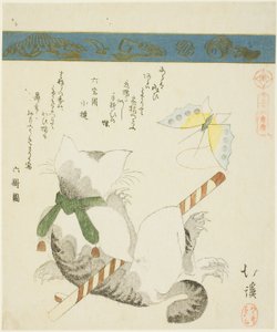 Katze spielt mit einem Spielzeug-Schmetterling, aus der Serie "Sechsunddreißig Bilder von Vögeln (Sanjuroku kinzoku)"