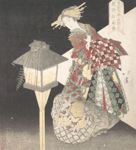 Kurtisane bei einer Laterne, „Feuer“, aus der Serie Fünf Elemente für die Bunsai-Poesiegruppe, ca. 1820 von Totoya Hokkei