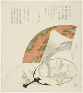 Fächer mit Motiven der drei glückverheißenden Träume des Neujahrs von Totoya Hokkei