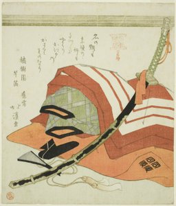Ichikawa Danjuros Kostüm für Shibaraku, aus der Serie "Schauspielkünste der Ichikawa-Familie, ein Satz von drei (Mimasuke no gei, sanban tsuzuki)" von Totoya Hokkei