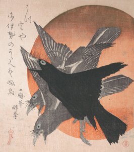 Drei Krähen gegen die aufgehende Sonne, aus der Serie Drei Blätter Mihira no uchi, Mitte der 1810er