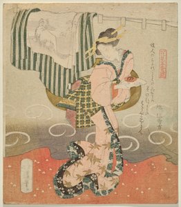 Frau, die eine Sake-Tasse vor einem Vorhang und drapiertem Kimono hält (Serie: Fünf Blätter für die Blumenbetrachtung) von Totoya Hokkei