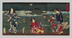 Genji in verschiedenen Stilen gezeichnet: Blick auf die Bucht von Akashi (Kakiwake Genji, Akashi ura no kei) von Toyohara Kunichika