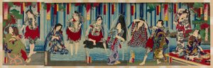 Kabuki-Stars vor einem gnädigen Wasserfall von Toyohara Kunichika