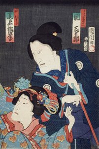 Onoe Baikō als jüngere Schwester Benizara und Seki Sanjūrō als Mutter Kataomoi in dem Stück „Ichiban Norime Iki no Sashimono“ von Toyohara Kunichika
