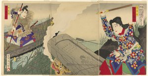 Die Schauspieler Nakamura Fukusuke IV als Neiojo und Ichikawa Danjuro IX als Hachiro Tametomo