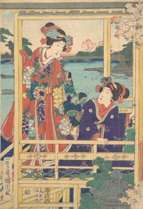 Zwei Schönheiten im Frühlingsgarten mit einem Teich, ca. 2. Monat, 1864 von Toyohara Kunichika