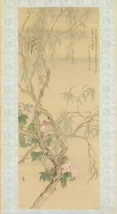Kleine Vögel auf einem Weidenzweig und Hibiskusblüten, datiert Herbst 1850 von Tsubaki Chinzan