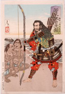 Chinzei Hachirō Tametomo mit zwei Insulanern am Strand von Ashijima von Tsukioka Yoshitoshi