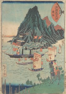 Dreiundfünfzig Stationen von Suehiro: Krieger betrachtet vorbeifahrendes Dampfschiff, ca. 1865 von Tsukioka Yoshitoshi